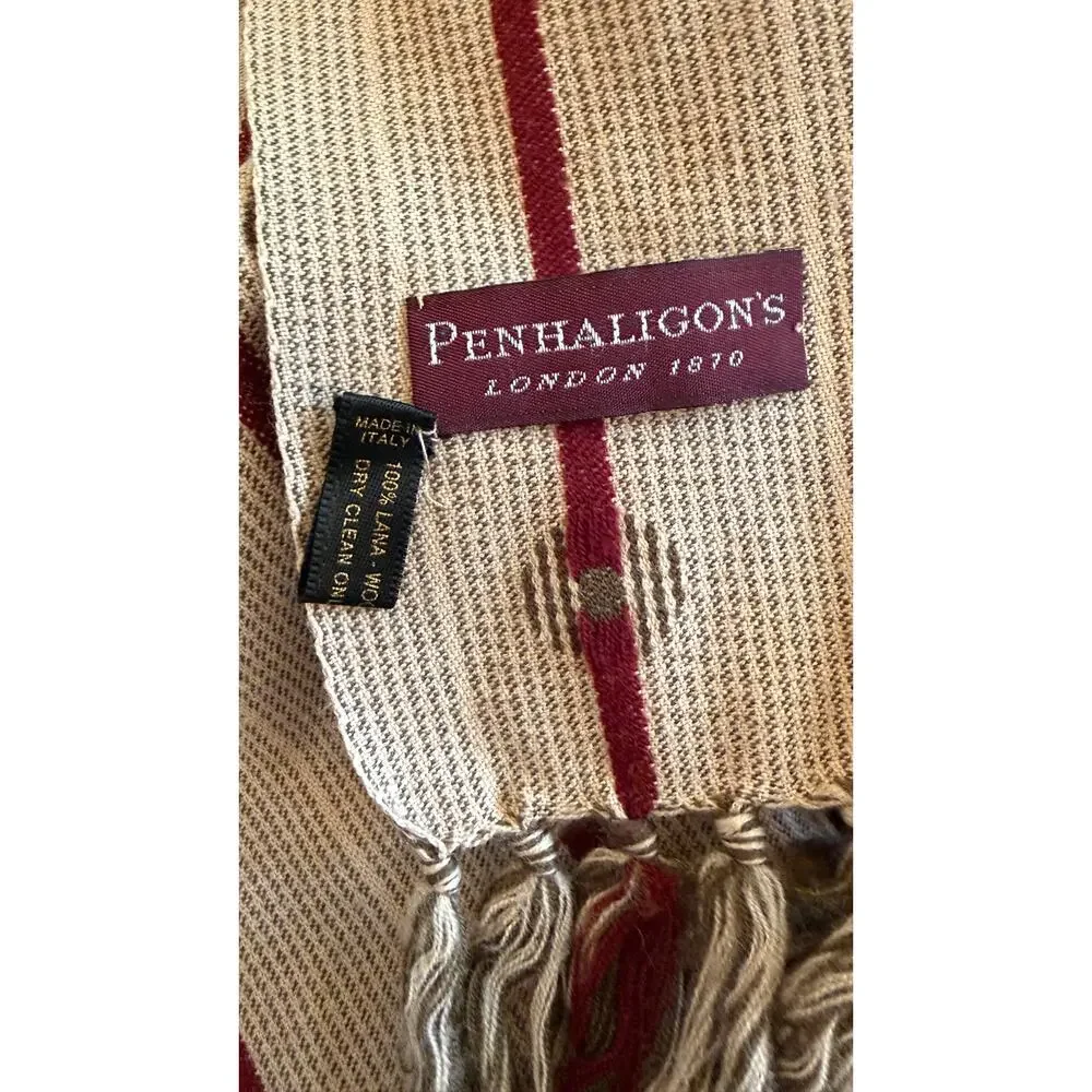 Penhaligon's London 1870 Italy 100% Wool Fringe Scarf Brown Burgundy Striped